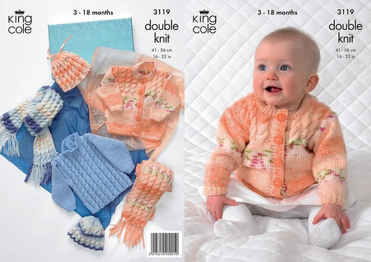 3119 Babies Cabled Jacket, Sweater, Hat and Scarf Knitting Pattern