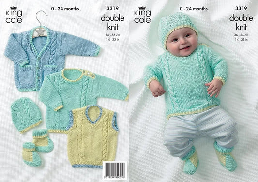 3319 Babies Cabled Sweater, Tank Top, Hat and Booties Knitting Pattern