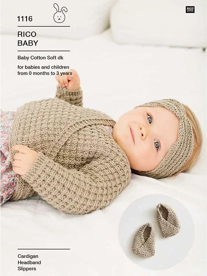 Rico 1116 Babies Wrap Cardigan, Headband and Slippers Double Knitting Pattern