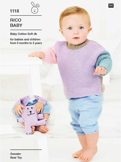 Rico 1118 Baby Colourblock Sweater and Teddy Bear Double Knitting Pattern