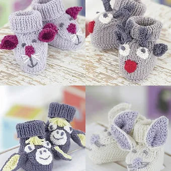 4586 Babies Animal Booties Rudolph, Donkey, Mouse & Bunny Knitting Pattern